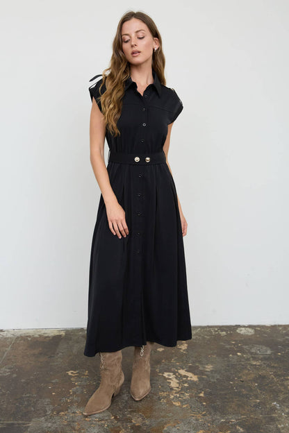 Nelle Belted Buttondown Black Midi Dress