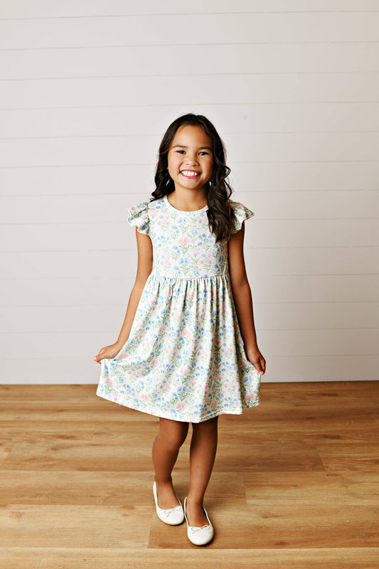 Girls Soft Pink & Blue Flutter Dress