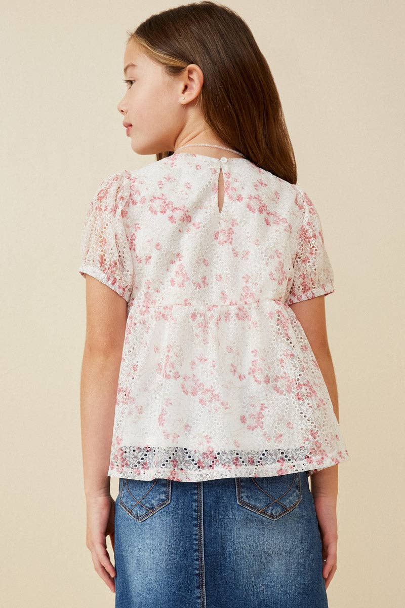 Girls Eyelet Pink Floral Blouse