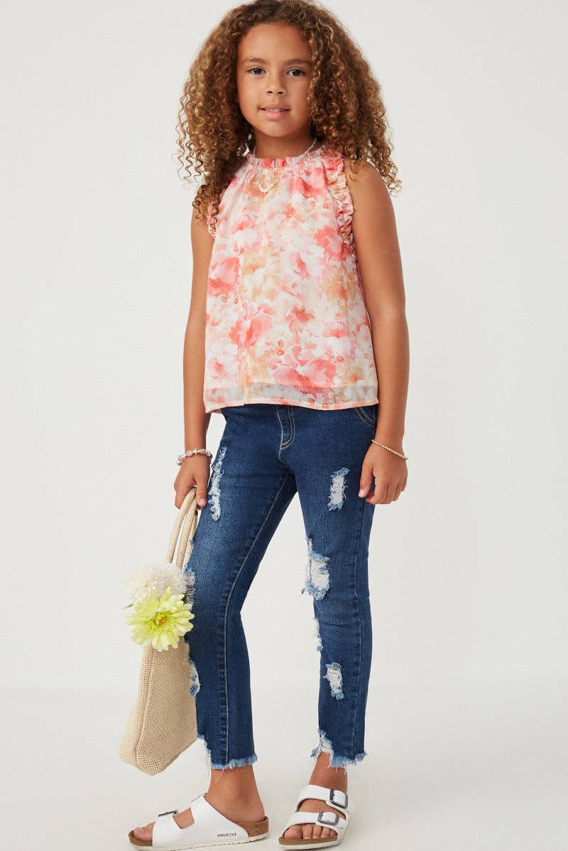 Girls Sheer Watercolor Floral Sleeveless Blouse