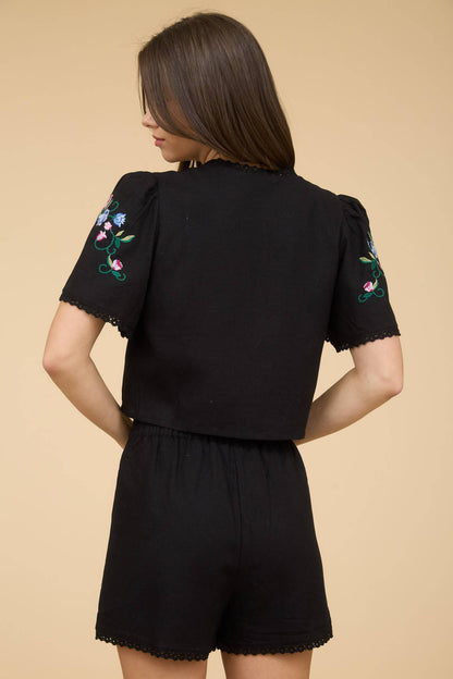 Tatum Embroidered Floral Black Short Set