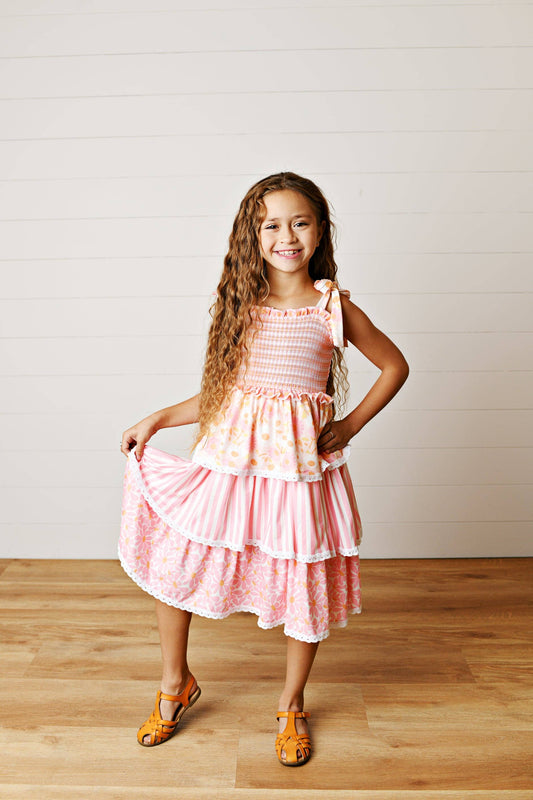 Girls Anna Gingham Daisy Pink & Orange Smocked Tiered Dress