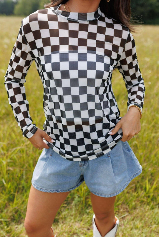 Girls Mesh Checkered Black Top