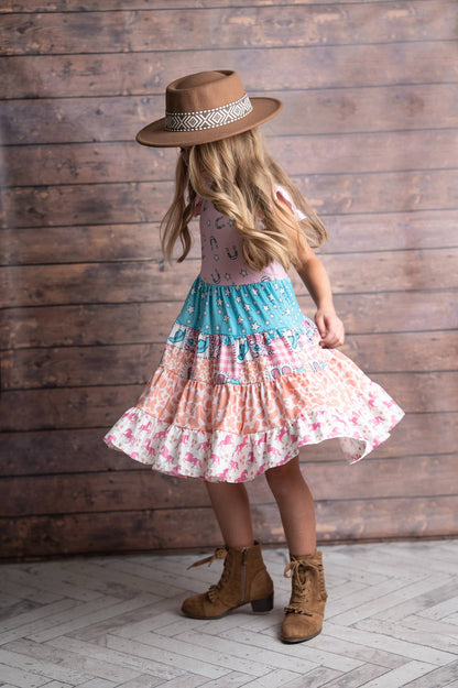 Girls Valine Cowgirl Pink Patchwork Tiered Dress