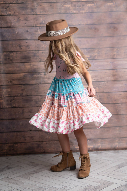 Girls Valine Cowgirl Pink Patchwork Tiered Dress
