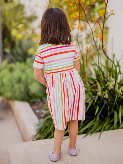 Girls Striped Pocket Multi Colored Dress