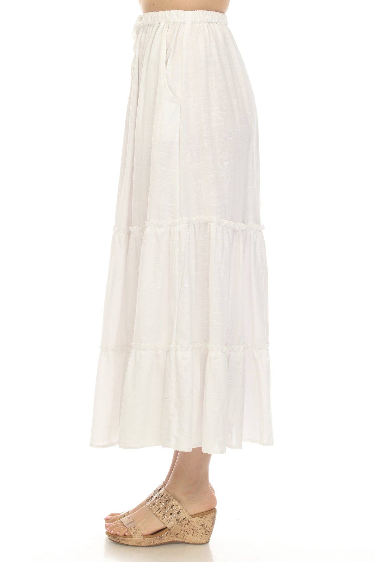 Dakota Linen Drawstring Ivory 3-Tier Prairie Skirt