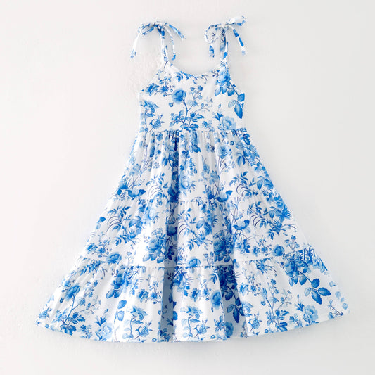 Girls Mayfield Floral Tiered Blue Dress