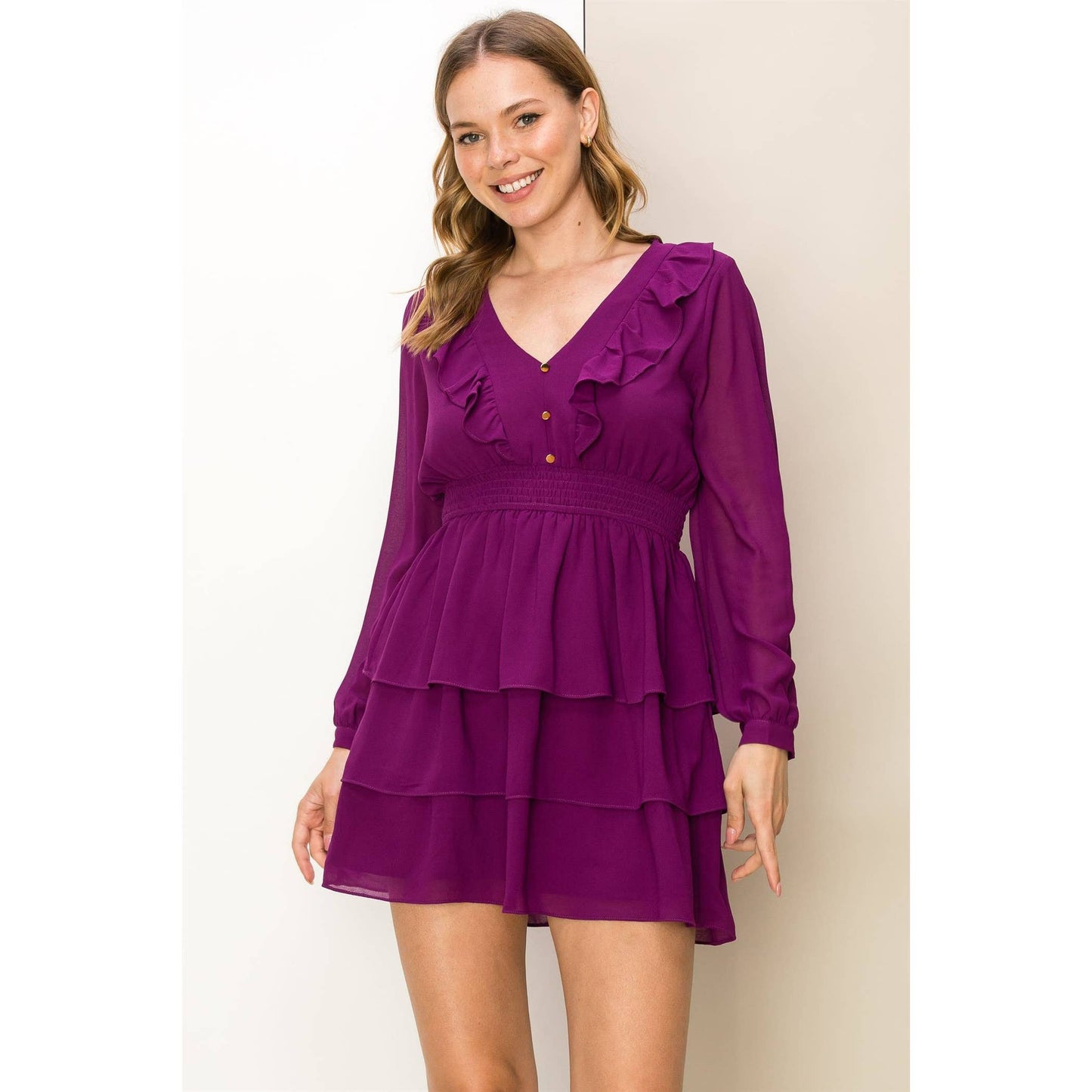 Jane Ruffle V-Neck Purple Dress