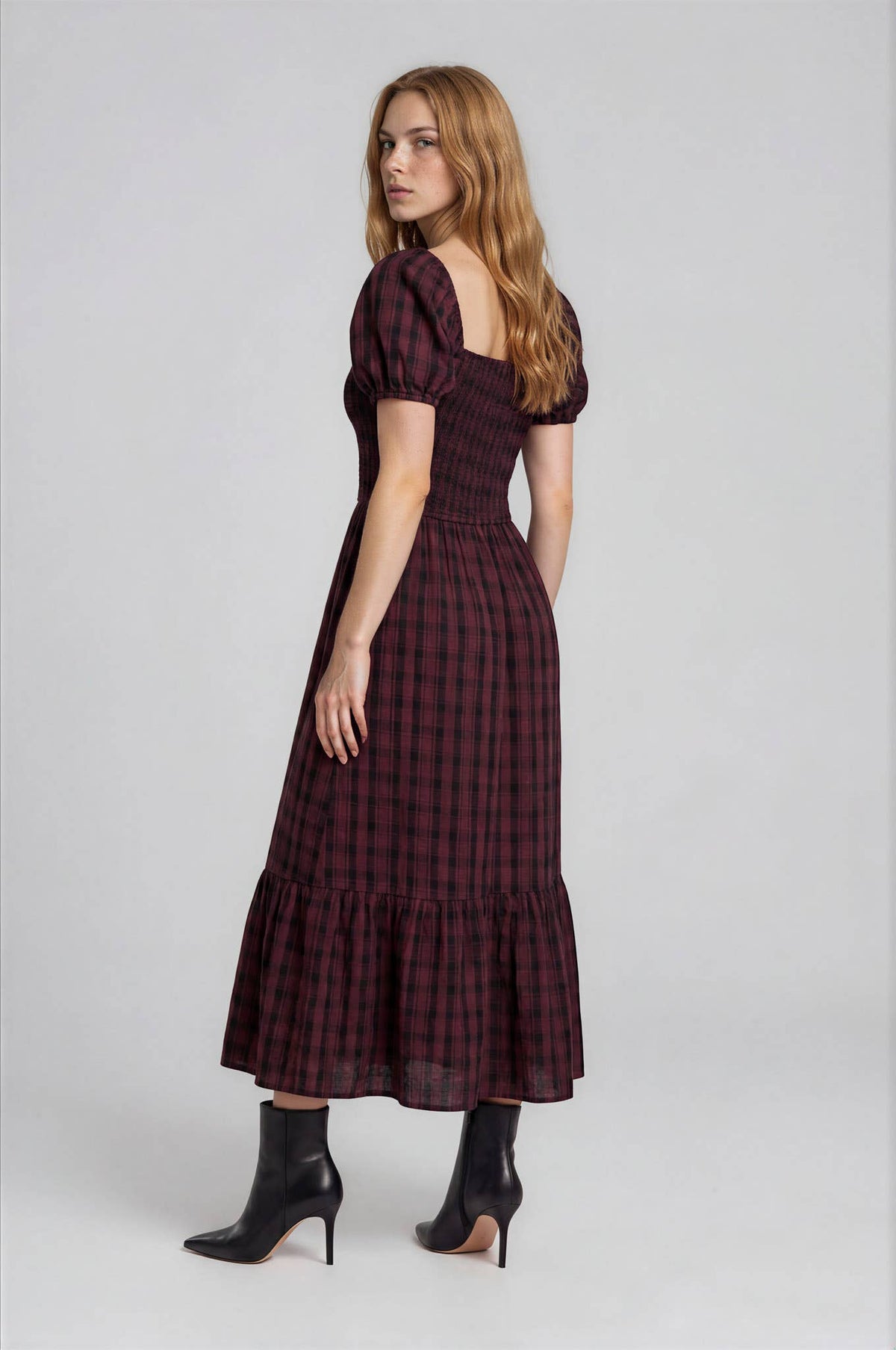 Della Plaid Maroon Midi Dress