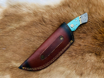 Titan Damascus Azure Fusion Utility Knife with Leather Bolster
