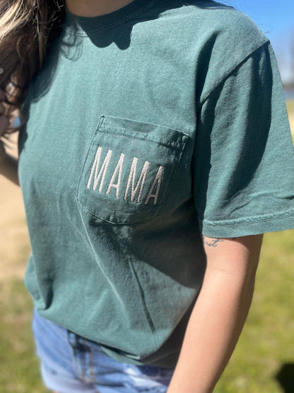 Embroidered Mama Blue Spruce Pocket Tee