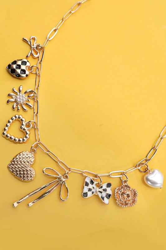 Constance Pearl Heart Bow Checkered Charm Necklace