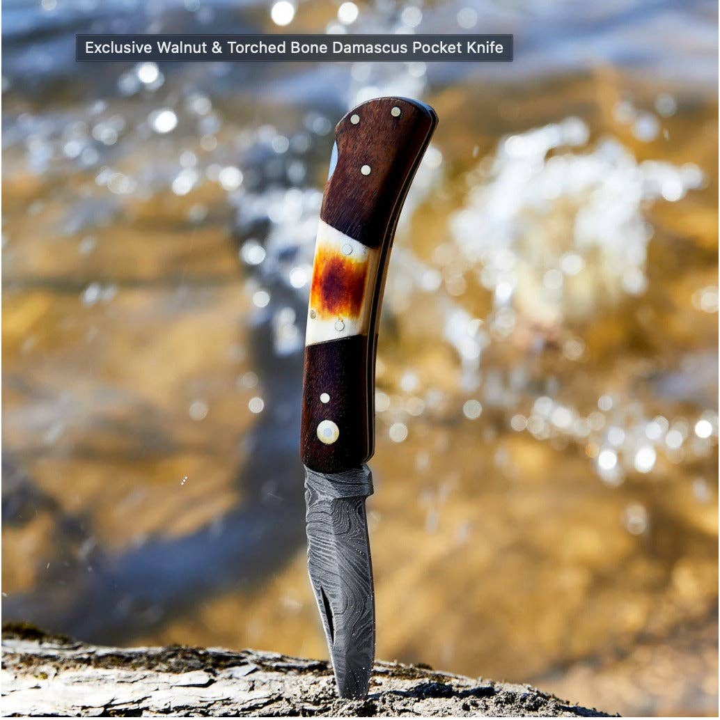 Titan Walnut & Torched Bone Pocket Knife with Leather Sheath