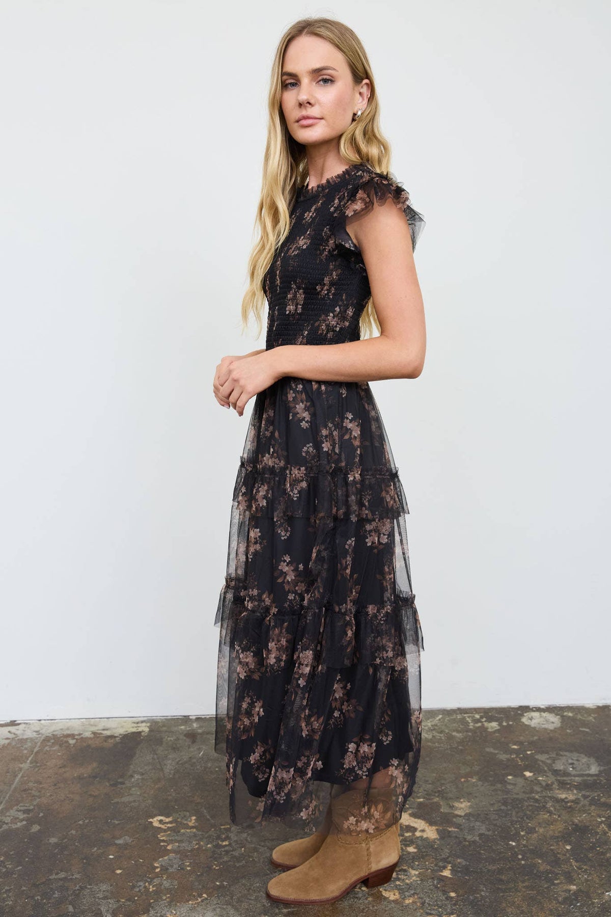Grace Floral Sheer Overlay Black Midi Dress