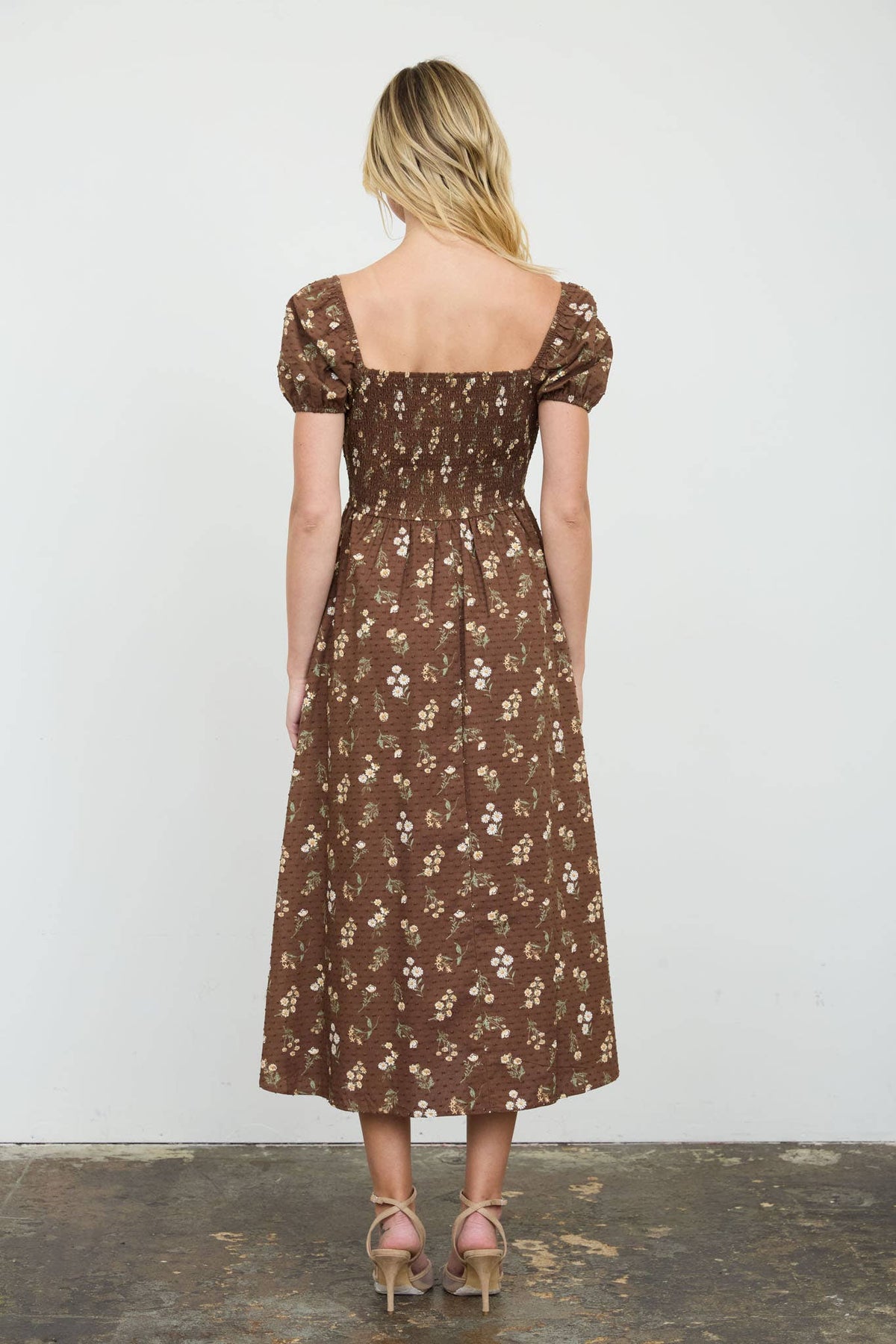 Margot Vintage Floral Swiss Dot Brown Midi Dress