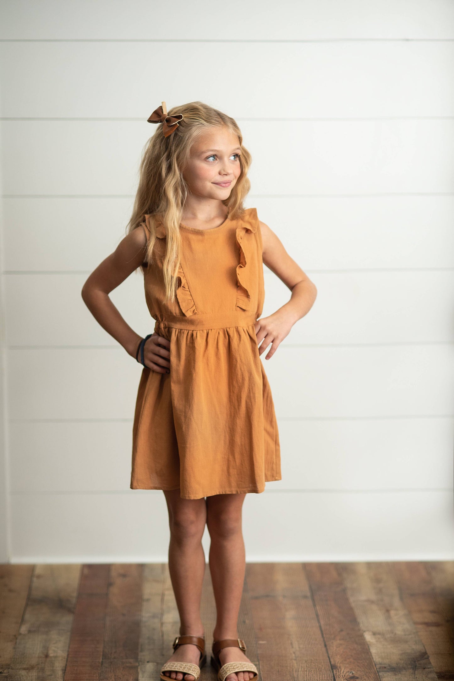 Girls Camel Ruffle Button Dress