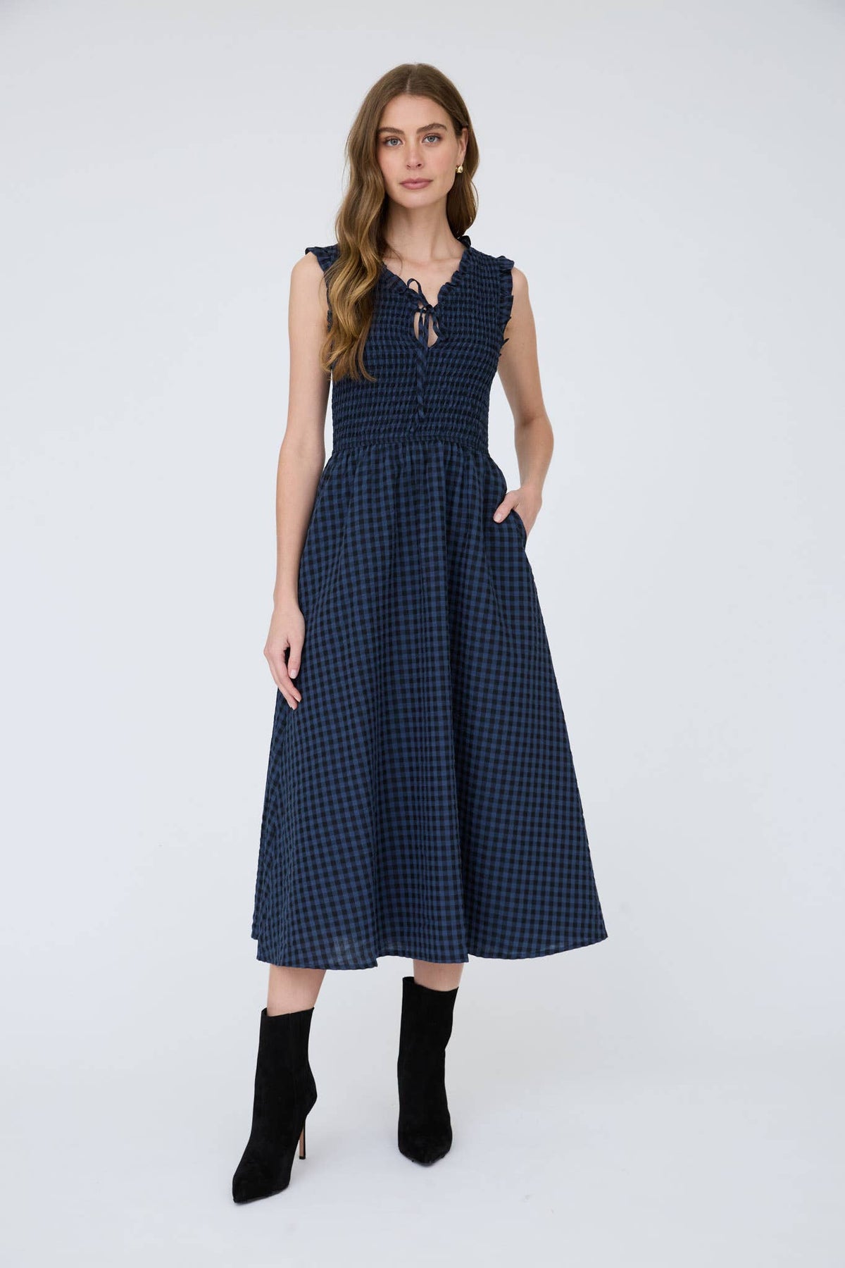 Ruthie Plaid V-neck Navy Midi Dress