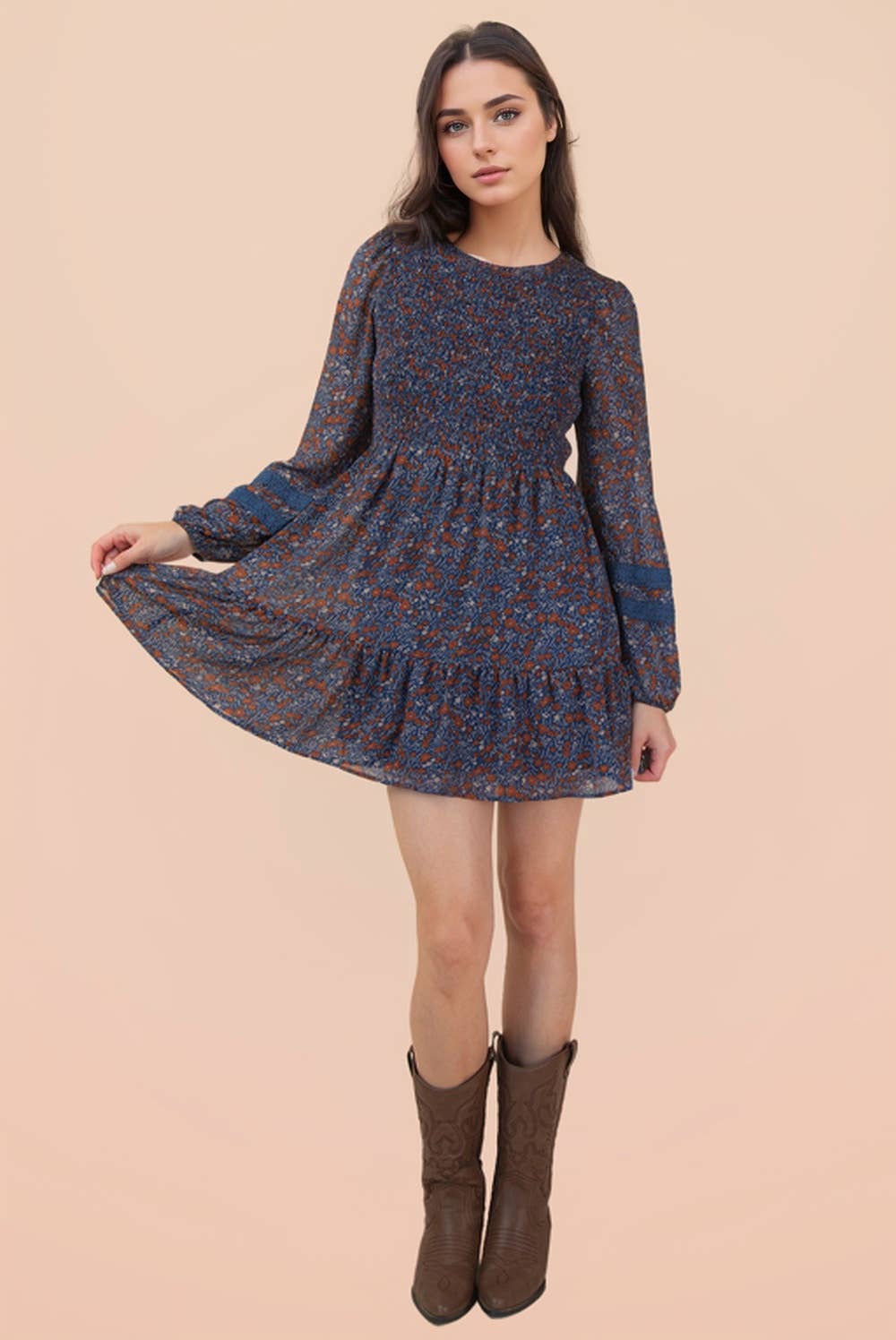 Kitty Floral Smocked Long Sleeve Navy Dress