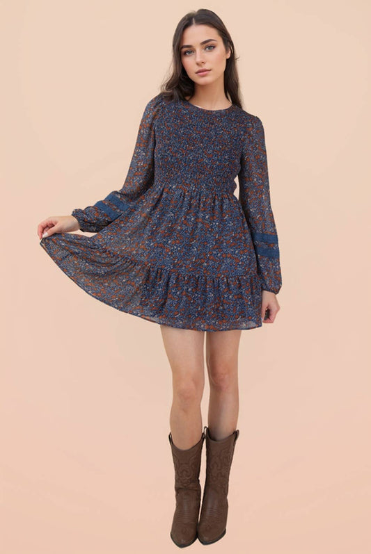 Kitty Floral Smocked Long Sleeve Navy Dress