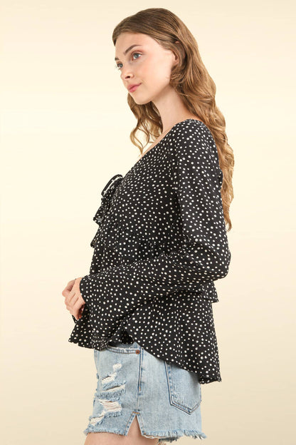 Rochelle Polka Dotted V-Neck Ruffle Blouse