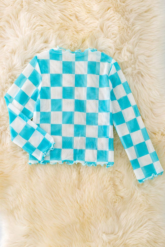 Girls Mesh Checkered Blue Top