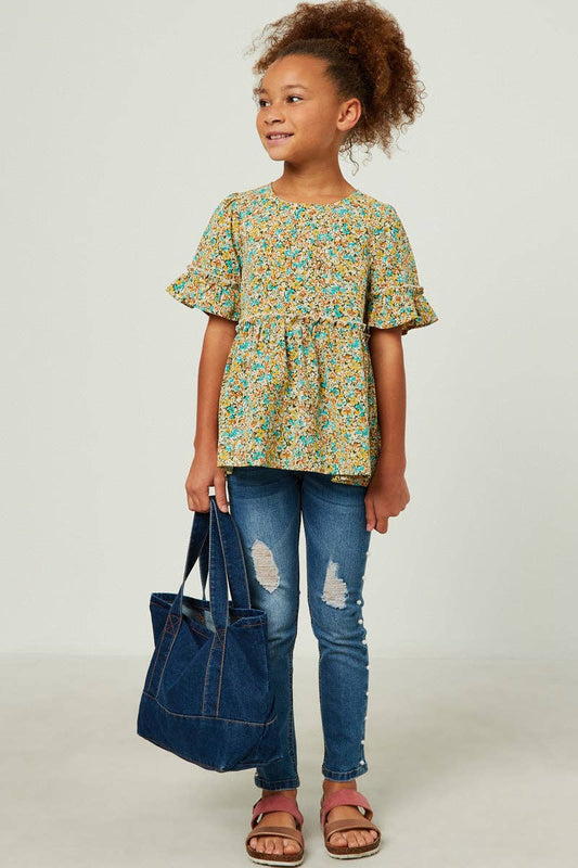 Girls Crinkle Floral Peplum Top