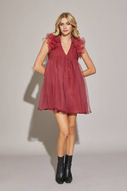 Dara Feather Babydoll Burdundy Romper Dress