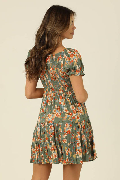 Mirella Sage & Orange Floral Tiered Dress
