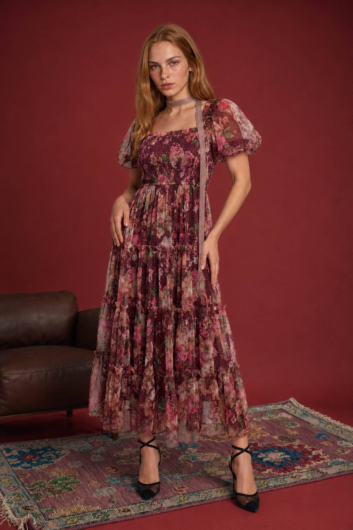 Pauline Floral Polka Dot Maroon Midi Dress