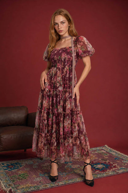 Pauline Floral Polka Dot Maroon Midi Dress