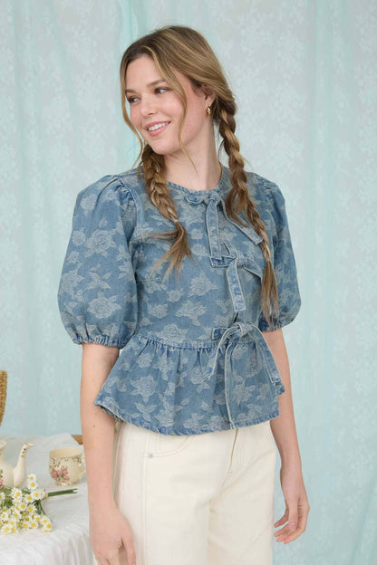 Rose Pattern Front Tie Peplum Blouse