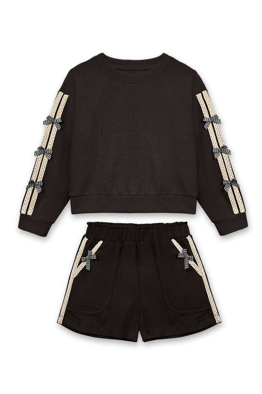 Girls Bow Striped Short Black Set