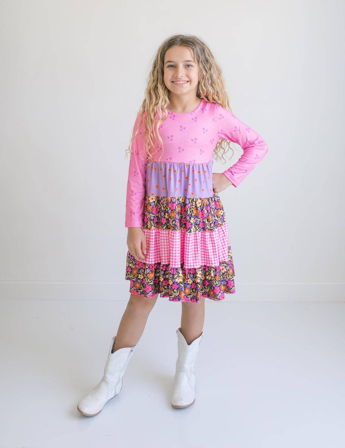Girls Pink Gingham Floral Tiered Dress