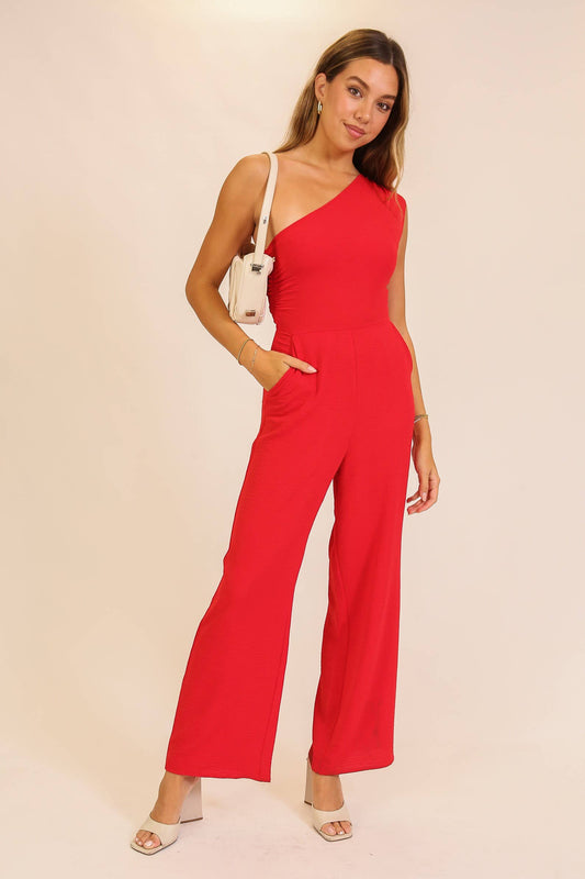 Hayley One Shoulder Red Jumpsuit