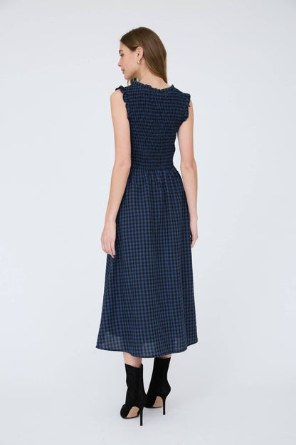 Ruthie Plaid V-neck Navy Midi Dress