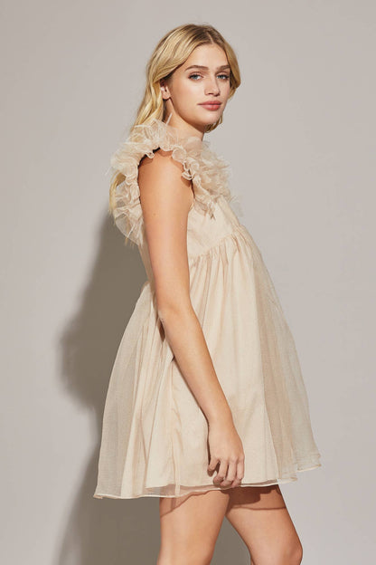 Dara Feather Babydoll Beige Romper Dress