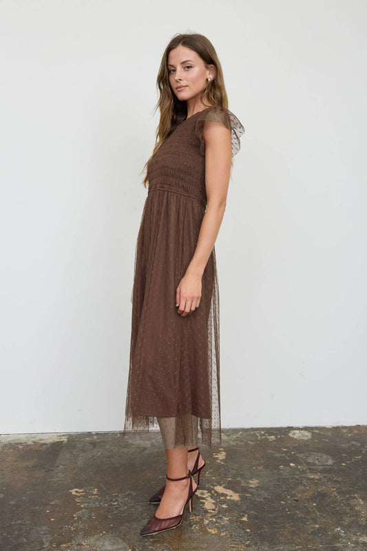 Amarena Swiss Dot Brown Midi Dress