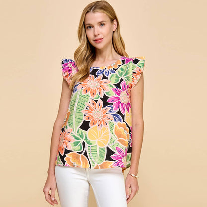 Catalina Tropical Floral Ruffle Sleeve Top