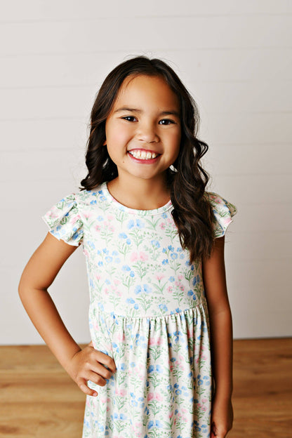 Girls Soft Pink & Blue Flutter Dress