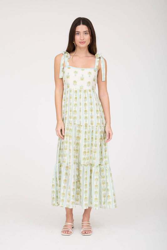 Fenrin Floral Stripe Tiered Midi Blue Dress