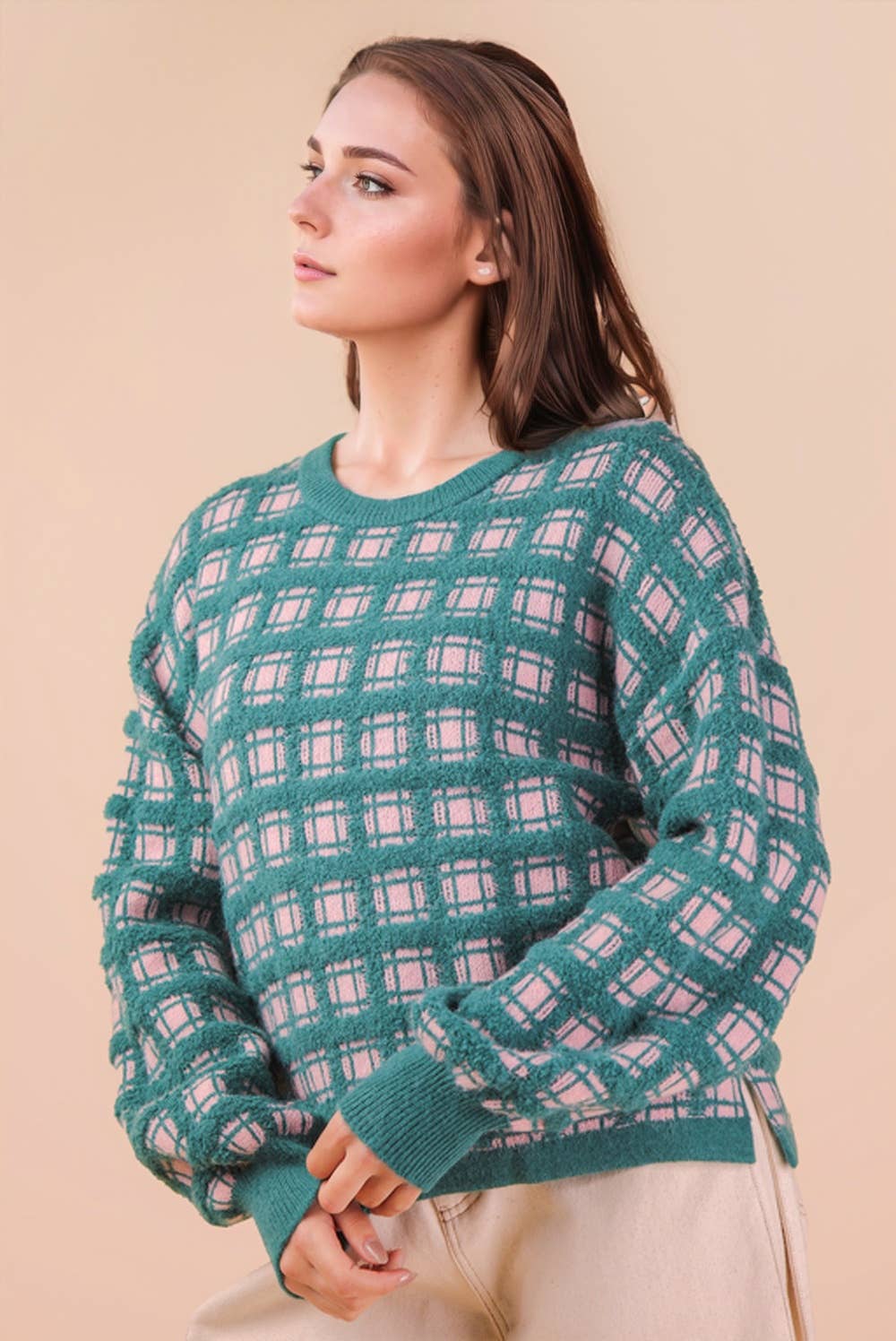 Fawn Plaid Teal Sweater