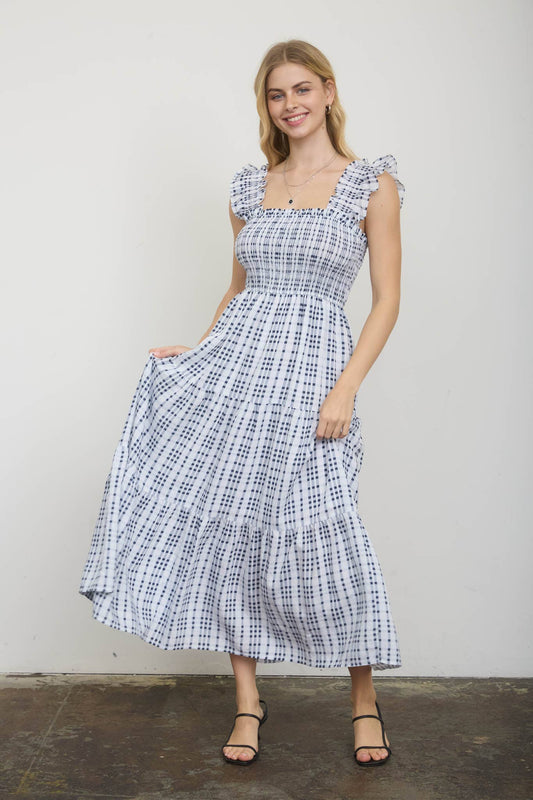 Honey Plaid Smocked Midi Navy Dress