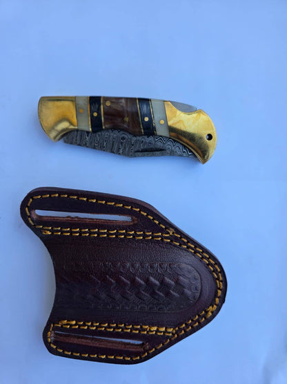 Titan Brass & Bone Damascus Folding Knife & Leather Sheath