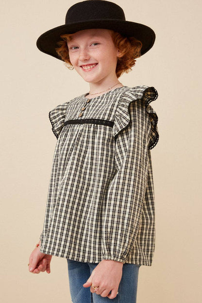 Girls Plaid Lace Longsleeve Blouse