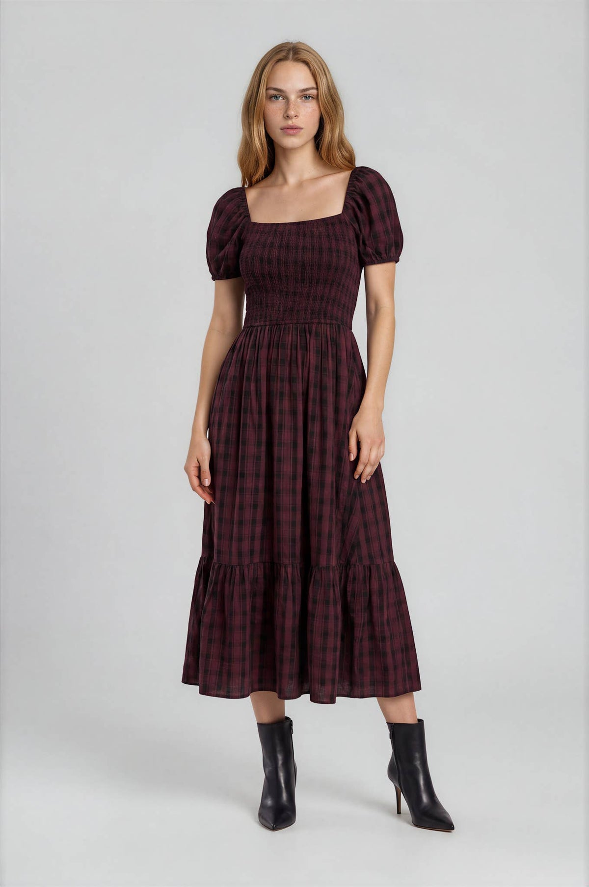 Della Plaid Maroon Midi Dress