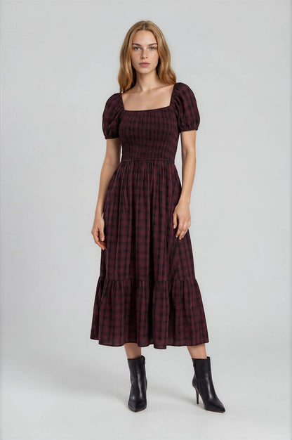 Della Plaid Maroon Midi Dress