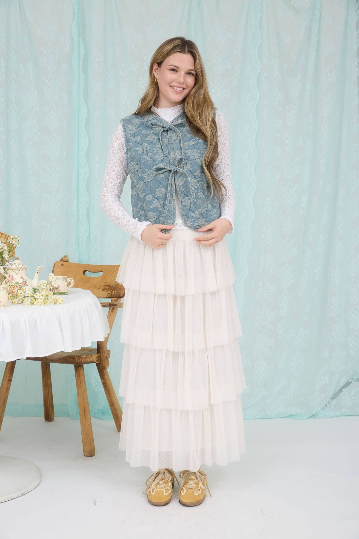 Rose Pattern Tie Denim Vest
