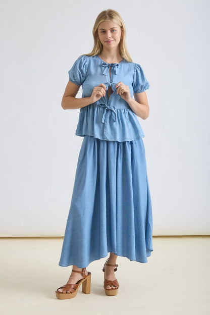 Mavis Chambray Bow Peplum Blouse