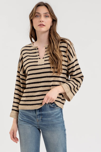 Versailles Striped Split Neckline Sweater